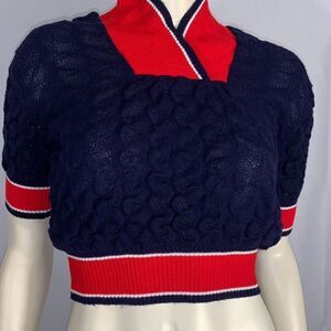 Vintage 1960’s Navy Hand Loomed Mod Short Sleeved Knit Sweater Women’s Large